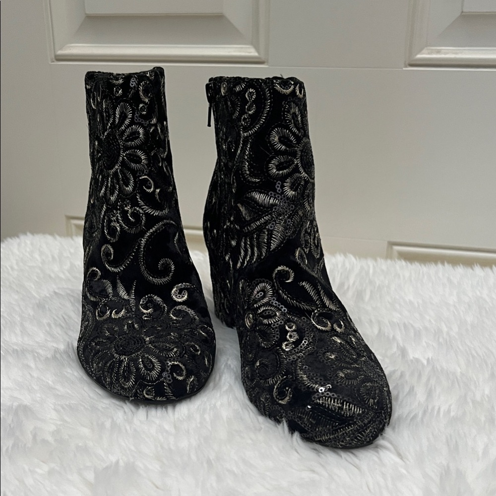 Aldo Black and Silver Floral Ankle Boots